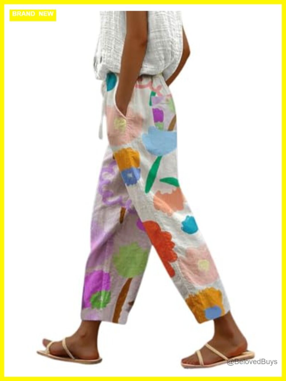 Wide Leg Capri Palazzo Pants High Rise Elastic Waist Pockets 100% Cotton
